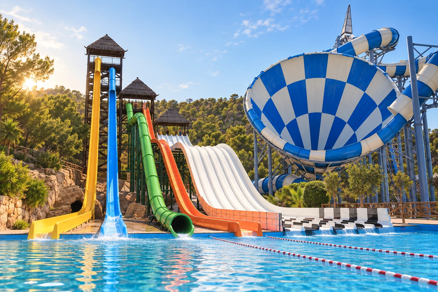 Water slides and pools at Aqualandia Benidorm in warm morning light